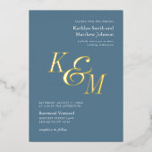 Invitation En Aluminium Dusty Blue Gold Elegant Classic Monogram Mariage (Recto)