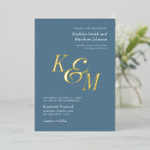 Invitation En Aluminium Dusty Blue Gold Elegant Classic Monogram Mariage (Debout devant)