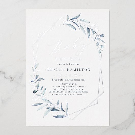 Invitation En Aluminium Dusty Blue Greenery Baby shower argenté rustique (Recto)