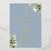Invitation En Aluminium Dusty Blue Greenery Monogramme Baptême Or (Recto)