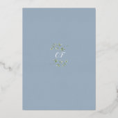 Invitation En Aluminium Dusty Blue Greenery Monogramme Baptême Or (Verso)
