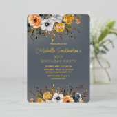 Invitation En Aluminium Dusty Blue Jaune Floral 90e anniversaire (Debout devant)