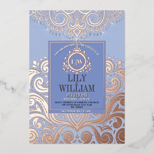 Invitation En Aluminium Dusty Blue RoseGold Classic Monogram Boho Mariage (Recto)