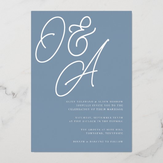 Invitation En Aluminium Dusty Blue | Script monogram Wedding (Recto)