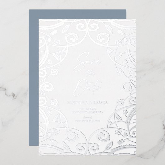 Invitation En Aluminium Dusty Blue Silver Floral Leaf Mariage dentelle (Recto/Verso)