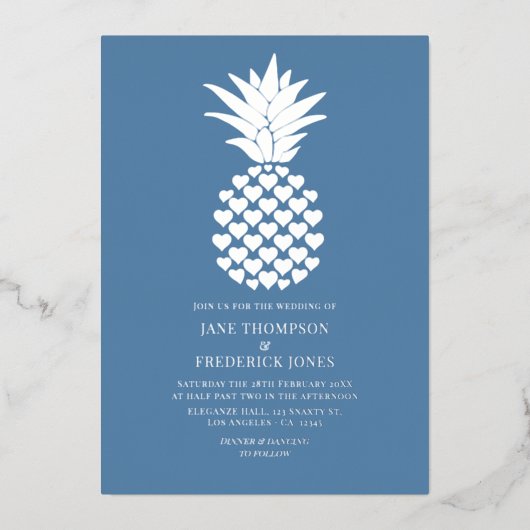 Invitation En Aluminium Dusty Blue & Silver Tropical Pineapple Wedding (Recto)