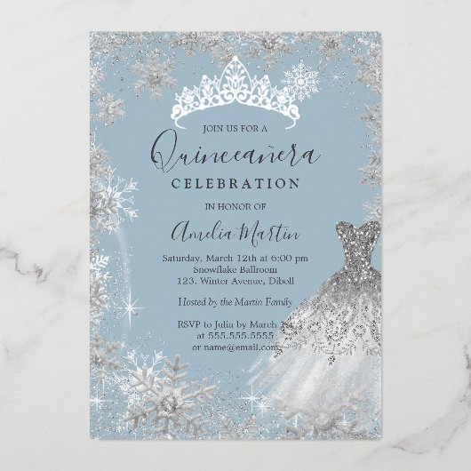 Invitation En Aluminium Dusty Blue Silver Winter Snowflake Quinceanera (Recto)