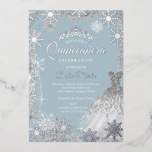Invitation En Aluminium Dusty Blue Silver Winter Snowflake Quinceanera (Recto)