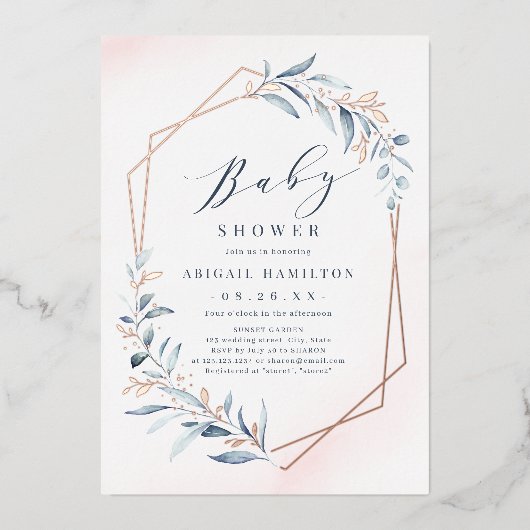 Invitation En Aluminium Dusty Greenery Rose Gold Baby shower rustique (Recto)