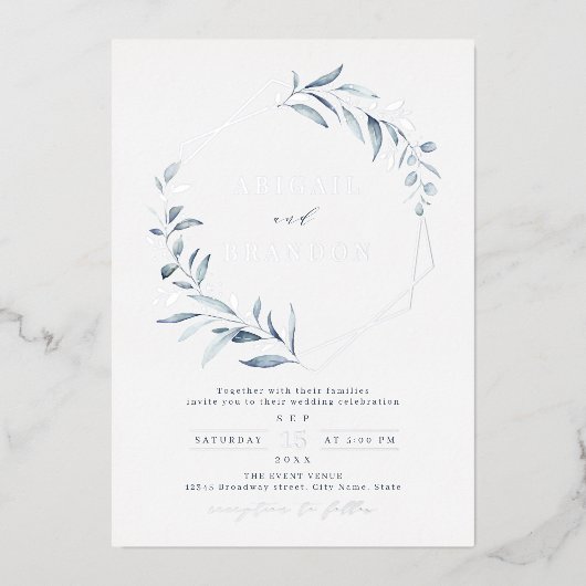 Invitation En Aluminium Dusty Greenery Silver Mariage géométrique Rustique (Recto)