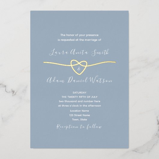 Invitation En Aluminium Dusty Mariage bleu et or (Recto)