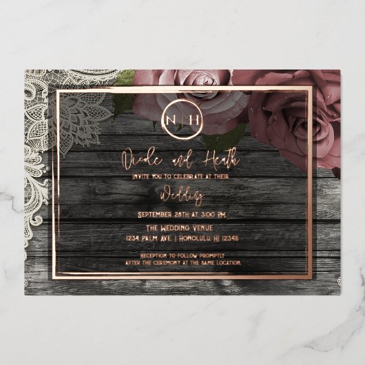 Invitation En Aluminium Dusty Mauve Rose Pink Wood Lace Mariage rustique (Recto)