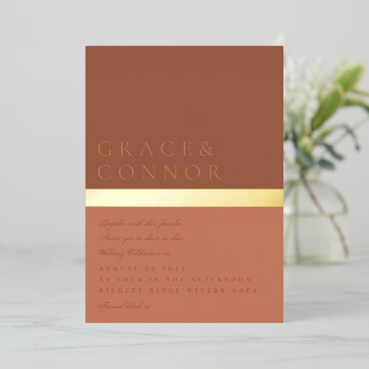 Invitation En Aluminium Dusty Orange Terracotta Gold Foil Mariage (Debout devant)