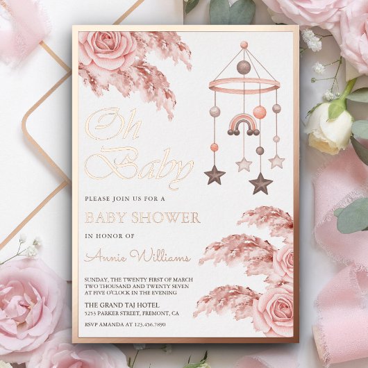 Invitation En Aluminium Dusty Pampas Boho Rainbow Baby shower Rose Or