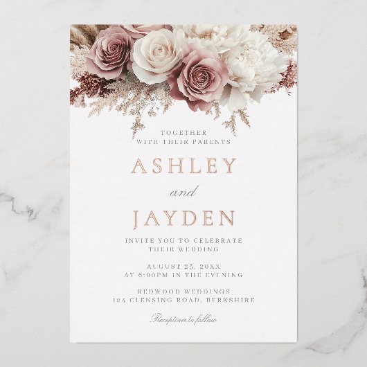 Invitation En Aluminium Dusty Rose Fleurs Botaniques Mariage Rose Or (Recto)