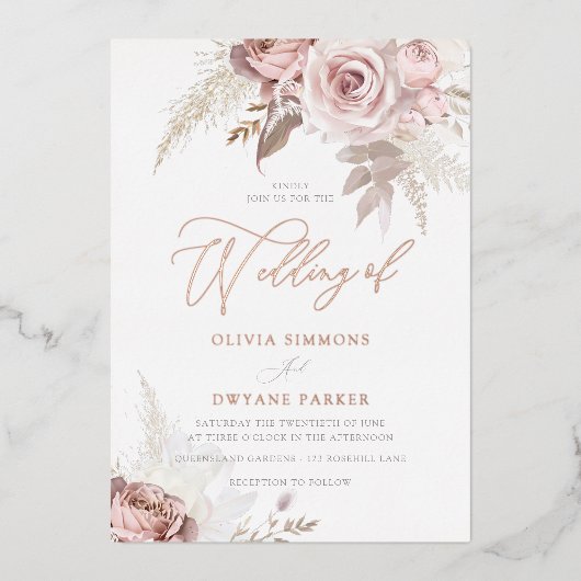 Invitation En Aluminium Dusty Rose Foil Elegance Blush Floral Mariage (Recto)