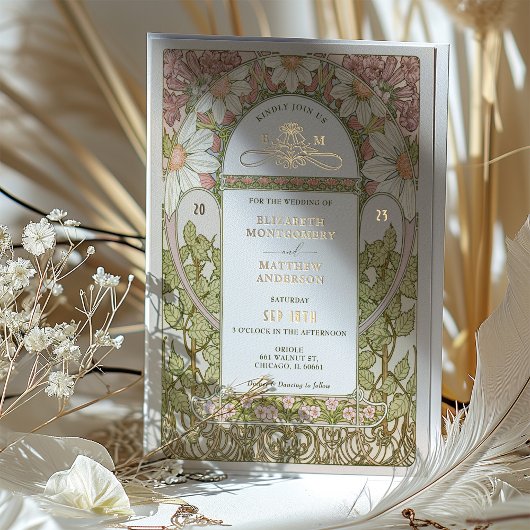 Invitation En Aluminium Dusty Rose Gold Foil Daisées Mariage Art Nouveau