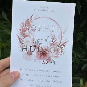 Invitation En Aluminium Dusty rose Silver Foil Mariage moderne de couronne