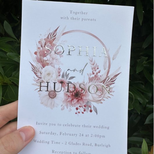 Invitation En Aluminium Dusty rose Silver Foil Mariage moderne de couronne