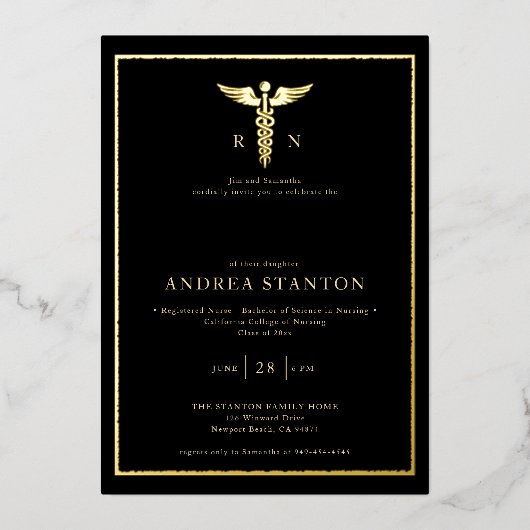 Invitation En Aluminium Ecole d'infirmière diplômée Gold Frame Caduceum No (Recto)