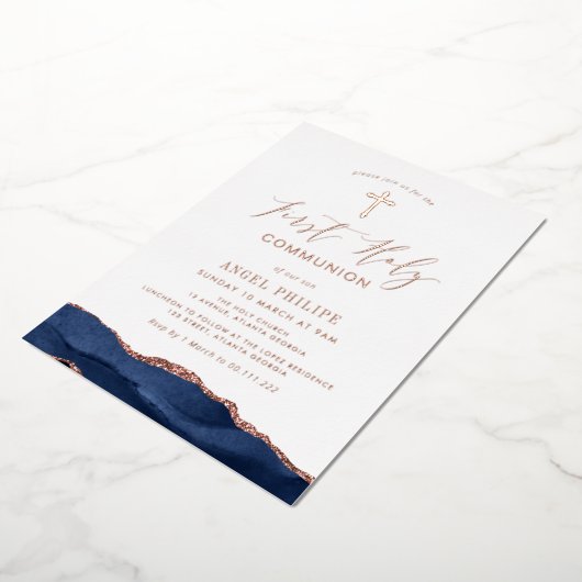 Invitation En Aluminium écriture agate bleue première communion (Rotation)