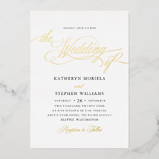 Invitation En Aluminium Écriture Classique Romaine Calligraphie Mariage Or (Recto)