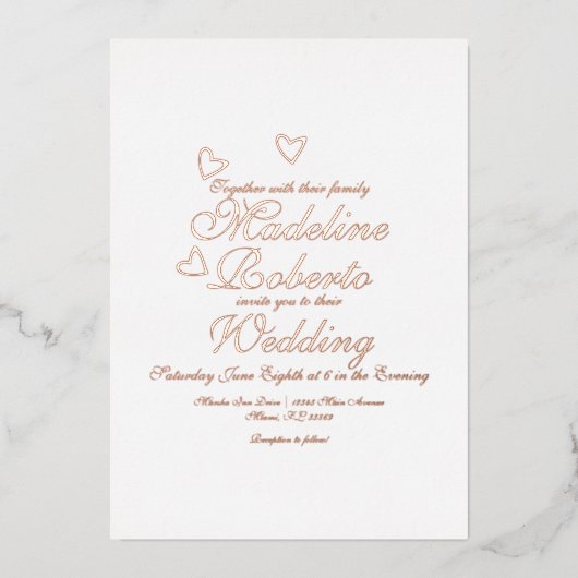 Invitation En Aluminium Écriture Cœurs Mariage Pressé  (Recto)