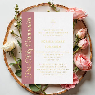 Invitation En Aluminium Écriture Dusty Pink Fille Première Communion Or