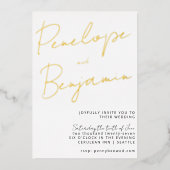 Invitation En Aluminium Écriture manuscrite chic moderne Mariage blanc or (Recto)