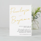 Invitation En Aluminium Écriture manuscrite chic moderne Mariage blanc or (Debout devant)