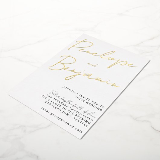 Invitation En Aluminium Écriture manuscrite chic moderne Mariage blanc or (Rotation)