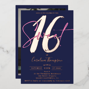 Invitation En Aluminium Écriture moderne bleu marine photo Sweet 16 or ros