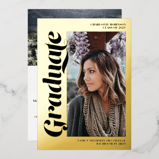 Invitation En Aluminium Écriture noire aurifère 3 photos graduation (Recto/Verso)