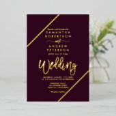 Invitation En Aluminium Écriture or rayures prune rouge mariage (Debout devant)