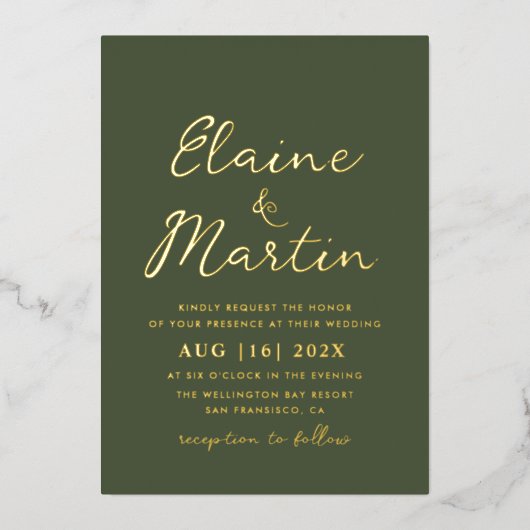 Invitation En Aluminium écriture or vert olive mariage (Recto)