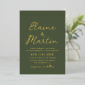 Invitation En Aluminium écriture or vert olive mariage (Debout devant)
