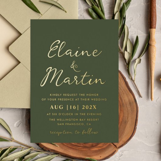 Invitation En Aluminium écriture or vert olive mariage