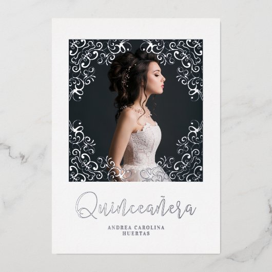 Invitation En Aluminium Efecto Metálico Plateado Real Foto Quinceañera (Recto)