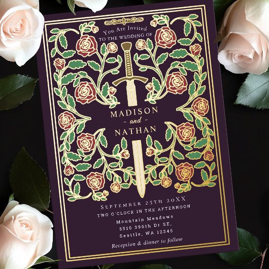 Invitation En Aluminium Eggplant Sword Floral Medieval Fantasy Wedding 