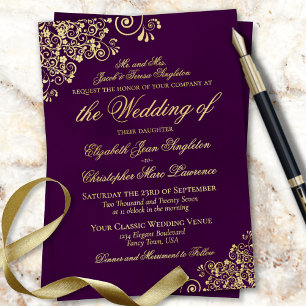 Invitation En Aluminium Élégance Classique Mariage Formel Or Pourpre Prune