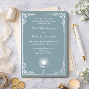 Invitation En Aluminium Élégance de communion Calice Argenté Bleu Poussiér