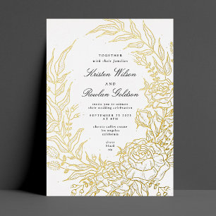 Invitation En Aluminium Élégance Fleurs Noires Couronne de Mariage OR