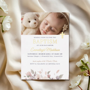 Invitation En Aluminium Élégance florale rose avec photo et croix pour bap
