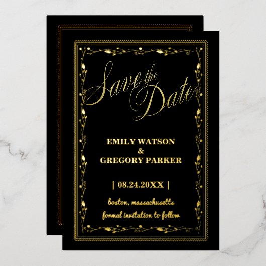 Invitation En Aluminium Élégance noire et dorée, cadre d'art (Recto/Verso)
