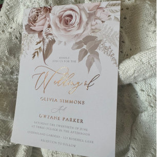 Invitation En Aluminium Élégance Rose Poussiéreuse avec Feuille de Floral