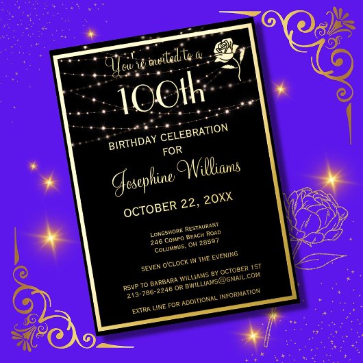 Invitation En Aluminium Elégant 100e anniversaire Black REAL Gold