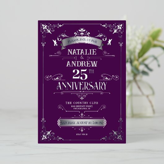 Invitation En Aluminium Élégant 25e anniversaire Mariage en argent violet (Debout devant)