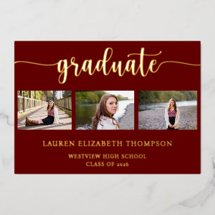Invitation En Aluminium Elégant 3 Photo Graduation Red Gold