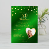 Invitation En Aluminium Elégant 50 & Anniversaire Fabuleux Vert & Or (Debout devant)