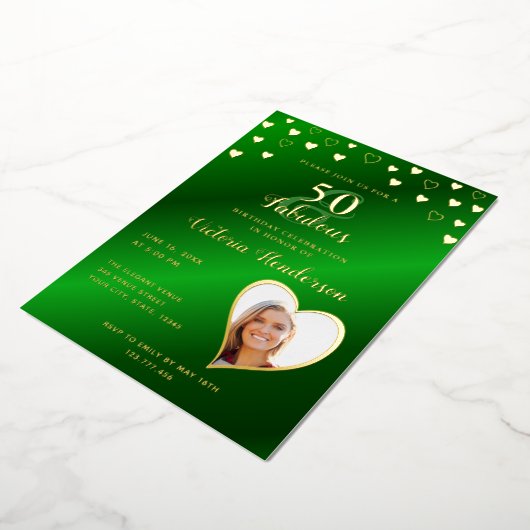 Invitation En Aluminium Elégant 50 & Fabuleux Anniversaire Vert & Or (Rotation)